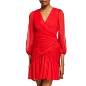 Jill Stuart Shirred Blouson Sleeve Faux Wrap Formal Cocktail Dress -Red - Size 2